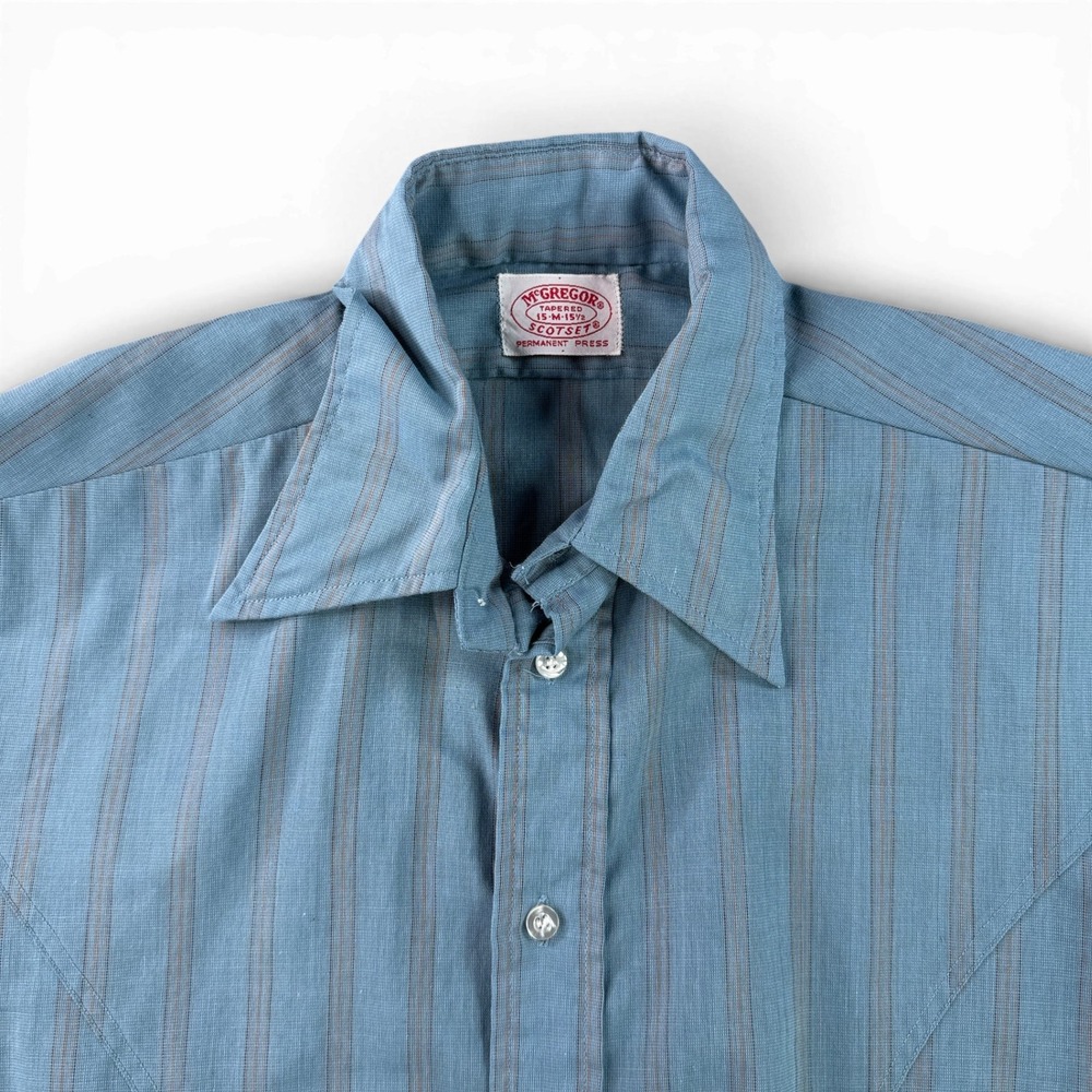 Vintage 70s McGregor Scotset Shirt Mens M Blue Striped Dagger Collar Rockabilly